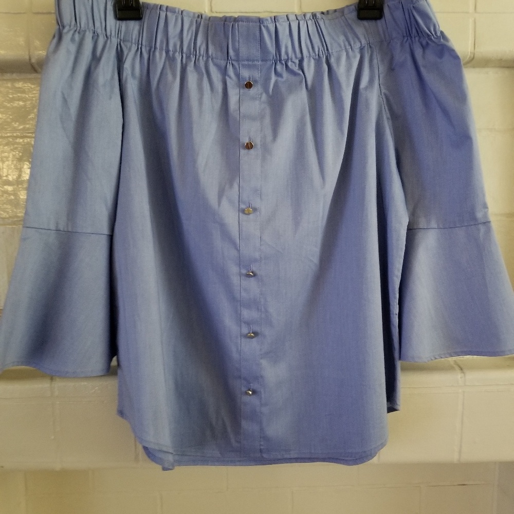 BLUE STRAPLESS BELL SLEEVE 3/4 BLOUSE SIZE SMALL